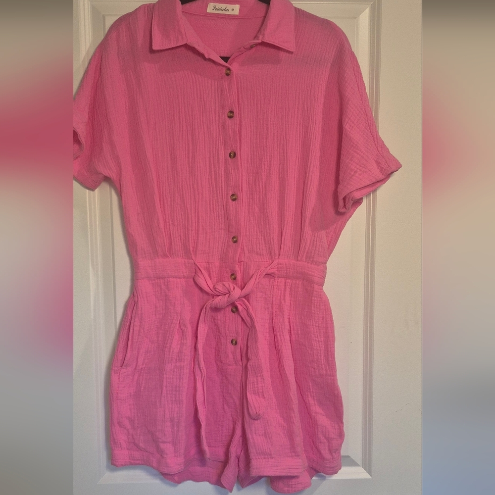 Pink Button-Up Women's Romper With Pockets M 100% Cotton
